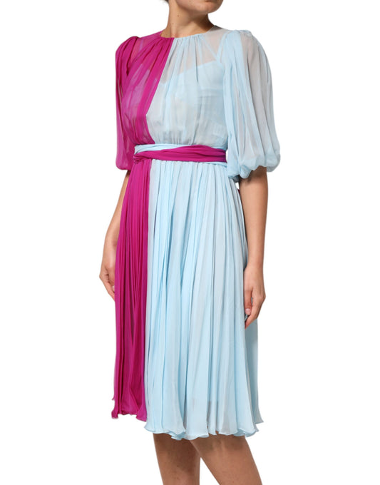 Dolce & Gabbana – Zweifarbiges Midikleid aus Seide in Fuchsia-Hellblau