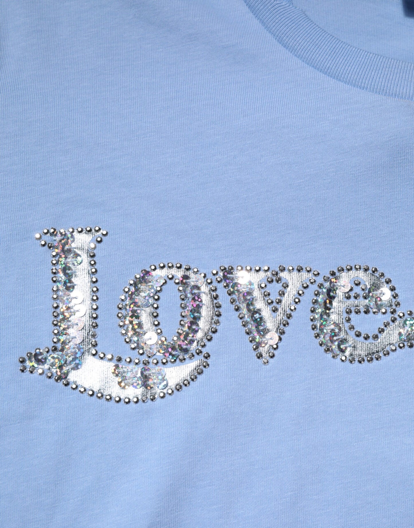 PINKO – Blaues, mit Pailletten verziertes T-Shirt mit kurzen Ärmeln „Love Story“