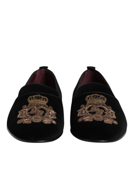 Dolce & Gabbana Herren-Loafer aus schwarzem Samt mit goldener Krone