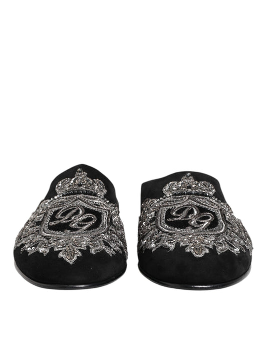 Dolce & Gabbana – Schwarze Samt-Slipper „DG Crown“