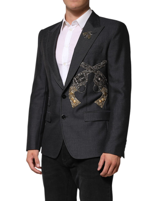 Dolce & Gabbana – Dunkelgrauer Wollmantel-Blazer mit Bienenstickerei