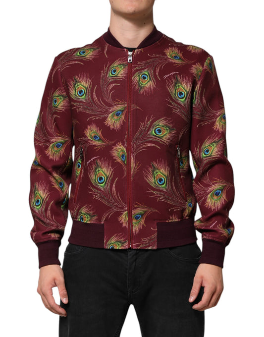 Dolce & Gabbana – Bomberjacke mit kastanienbraunem Pfauenfeder-Print