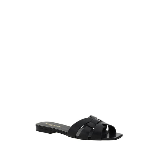 Saint Laurent Flache Sandalen aus schwarzem Kalbsleder (Bos Taurus)