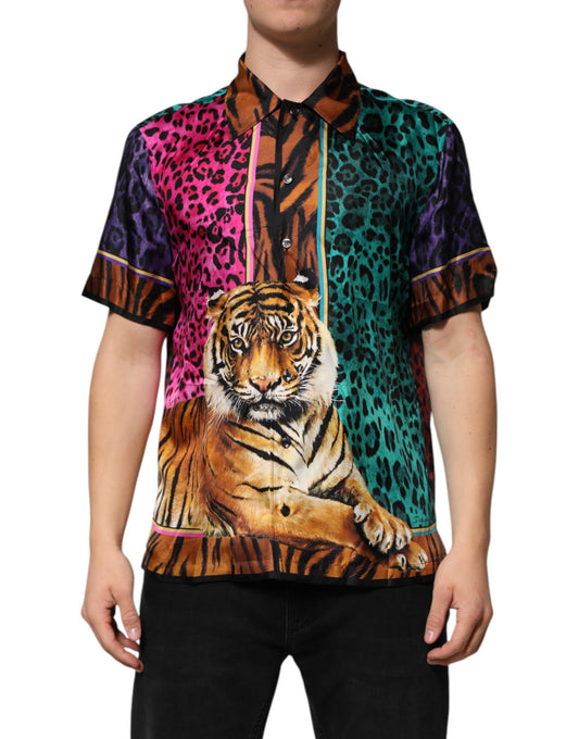 Dolce & Gabbana Mehrfarbiges Hawaii-T-Shirt aus Seide mit Tiger-Print