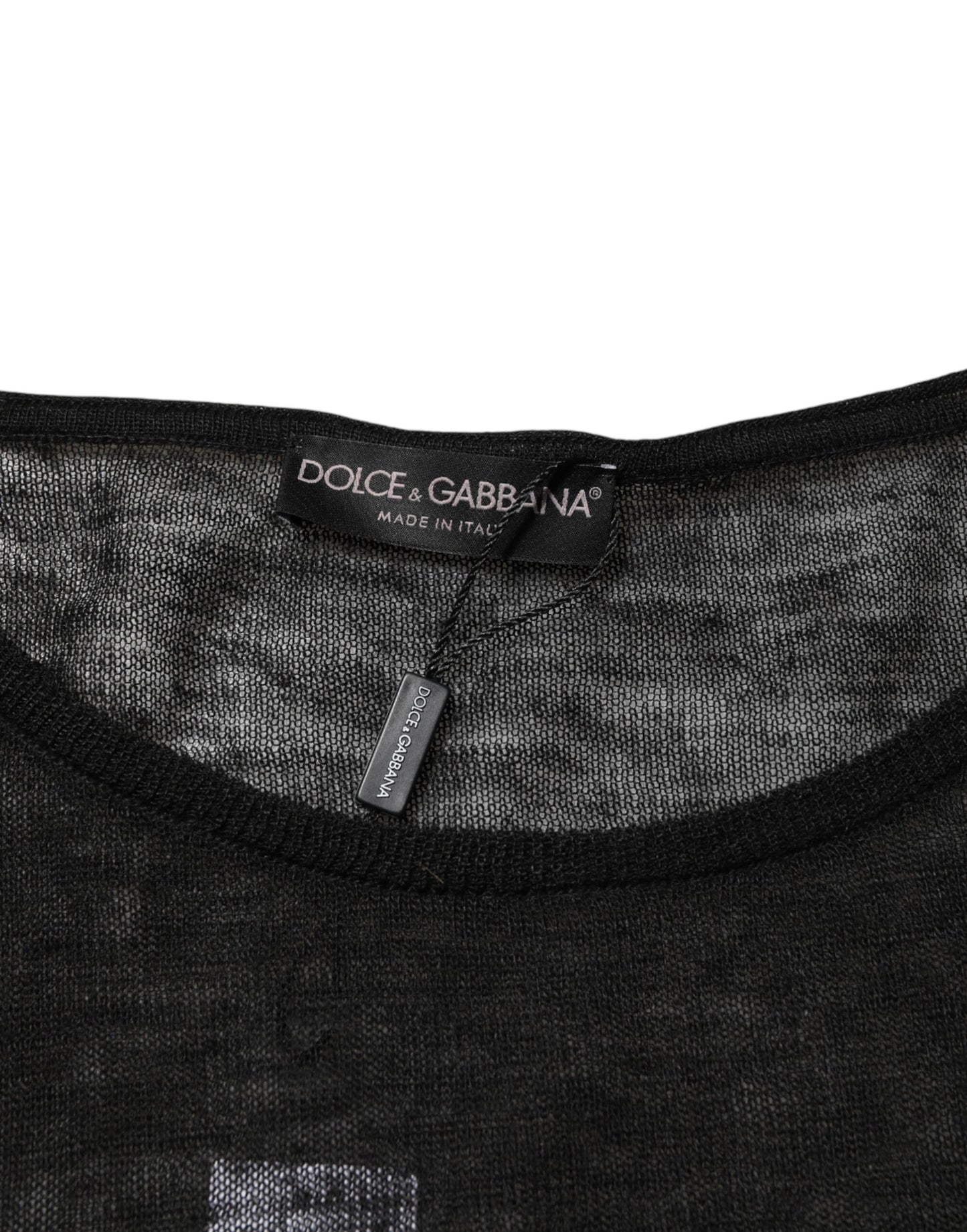Dolce & Gabbana – Schwarzes, zerfetztes Langarm-T-Shirt aus Leinennetz