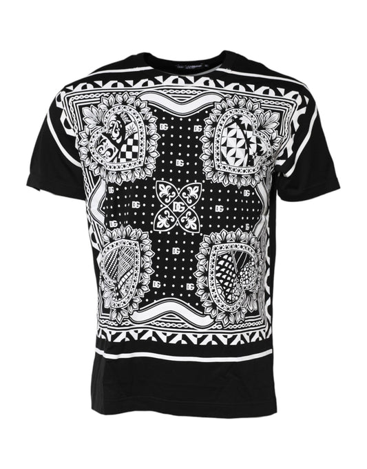 Dolce & Gabbana – Schwarzes Baumwoll-T-Shirt mit Rundhalsausschnitt und Bandana-Print