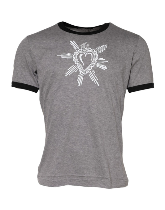 Dolce & Gabbana Graues T-Shirt aus Baumwolle mit Rundhalsausschnitt „Sacred Heart“