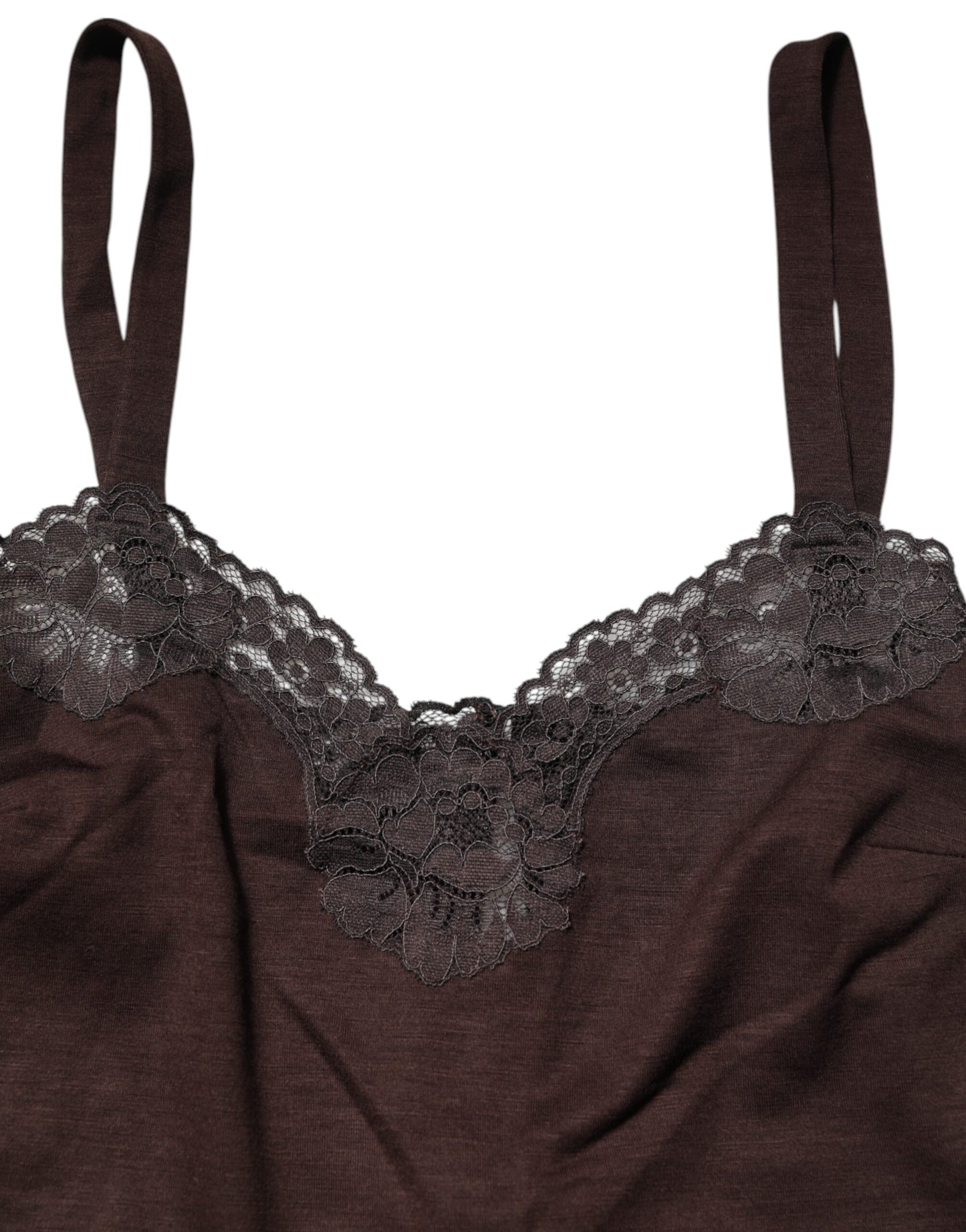 Dolce & Gabbana – Ärmelloses Tanktop aus Wolle mit Spitzenbesatz in Dunkelbraun