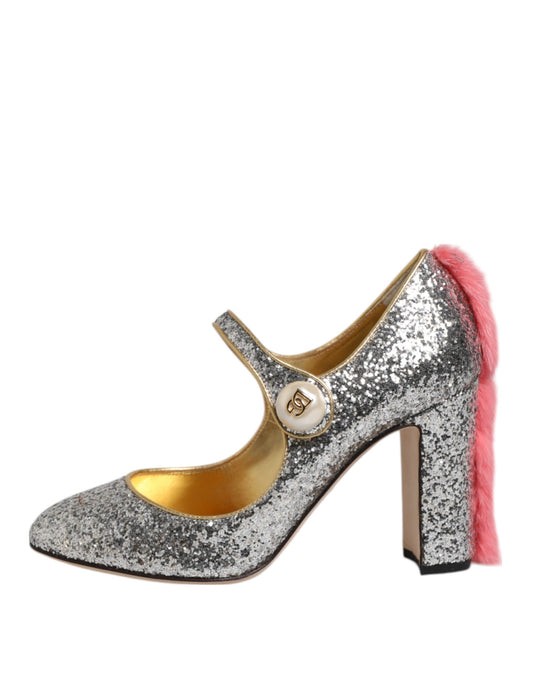 Dolce & Gabbana Silber Glitzer Nerz Pelz VALLY Pumps Schuhe