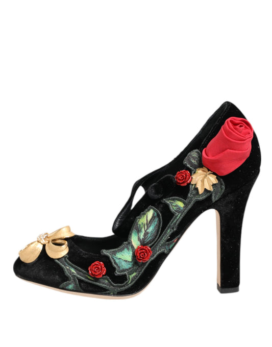 Dolce & Gabbana – Mary-Jane-Schuhe mit schwarzer Rosen-Kristallbrosche
