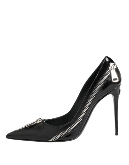 Dolce & Gabbana Black Patent Leather Zipper Heels Pumps Shoes