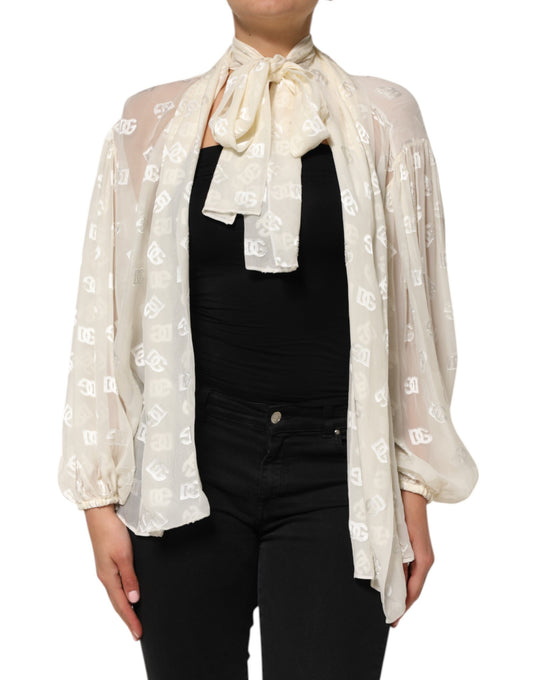 Dolce & Gabbana – Oberteil mit Ascot-Kragen und Logo-Monogramm in gebrochenem Weiß