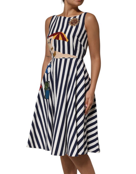 Dolce & Gabbana Blau-weiß gestreiftes, besticktes A-Linien-Kleid