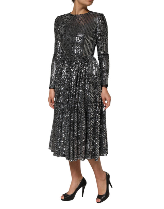 Dolce & Gabbana – Schwarzes, langärmliges Midi-A-Linien-Kleid mit Pailletten