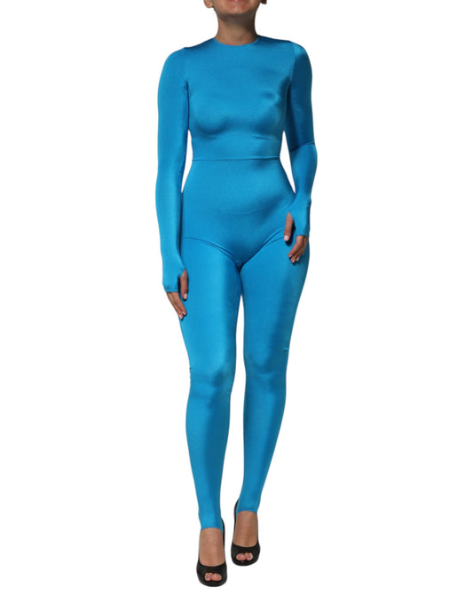 Dolce & Gabbana, blaues, figurbetontes Jumpsuit-Kleid aus Nylon mit Rundhalsausschnitt