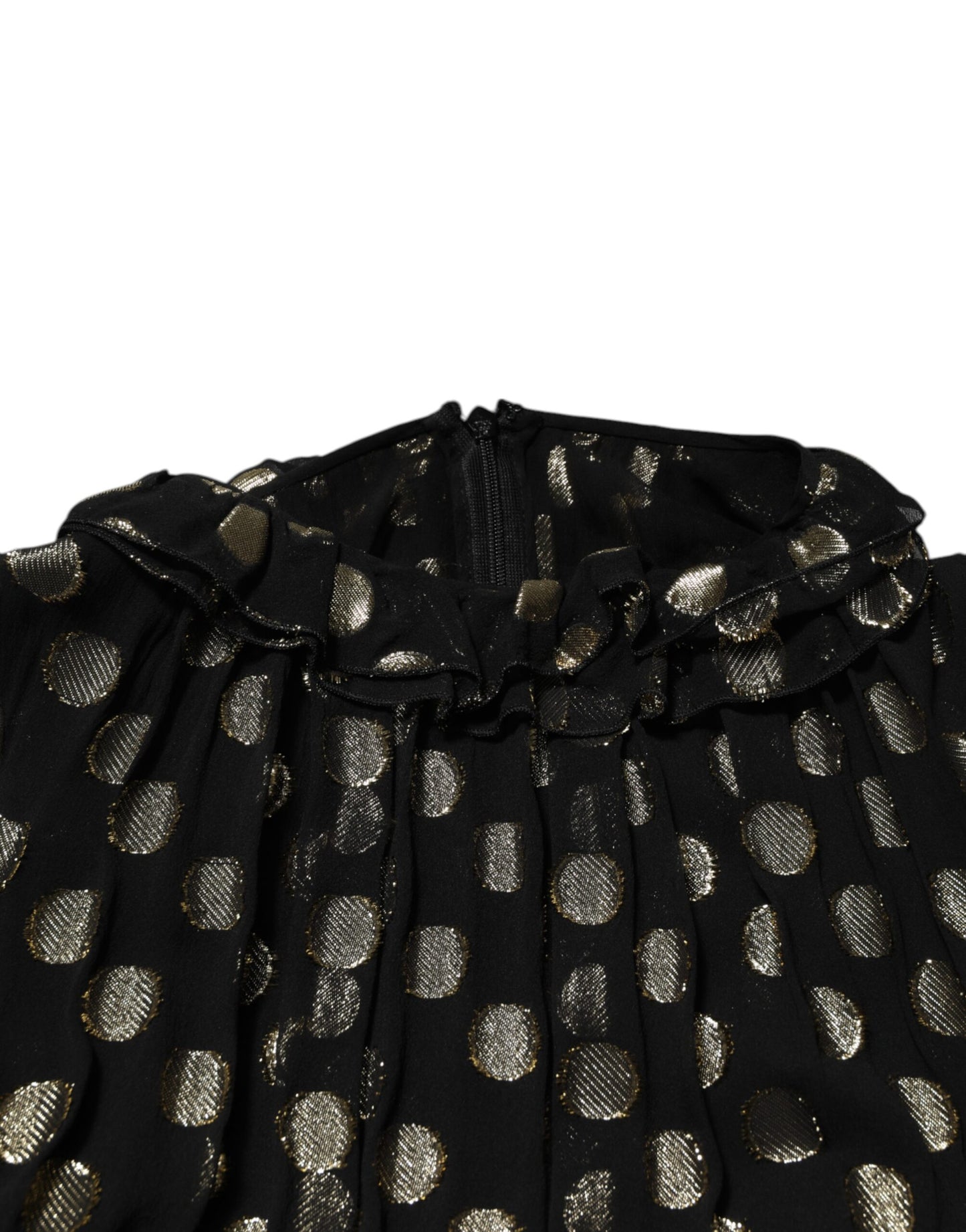 Dolce & Gabbana – Minikleid aus Seidenbrokat mit schwarzen und goldenen Punkten