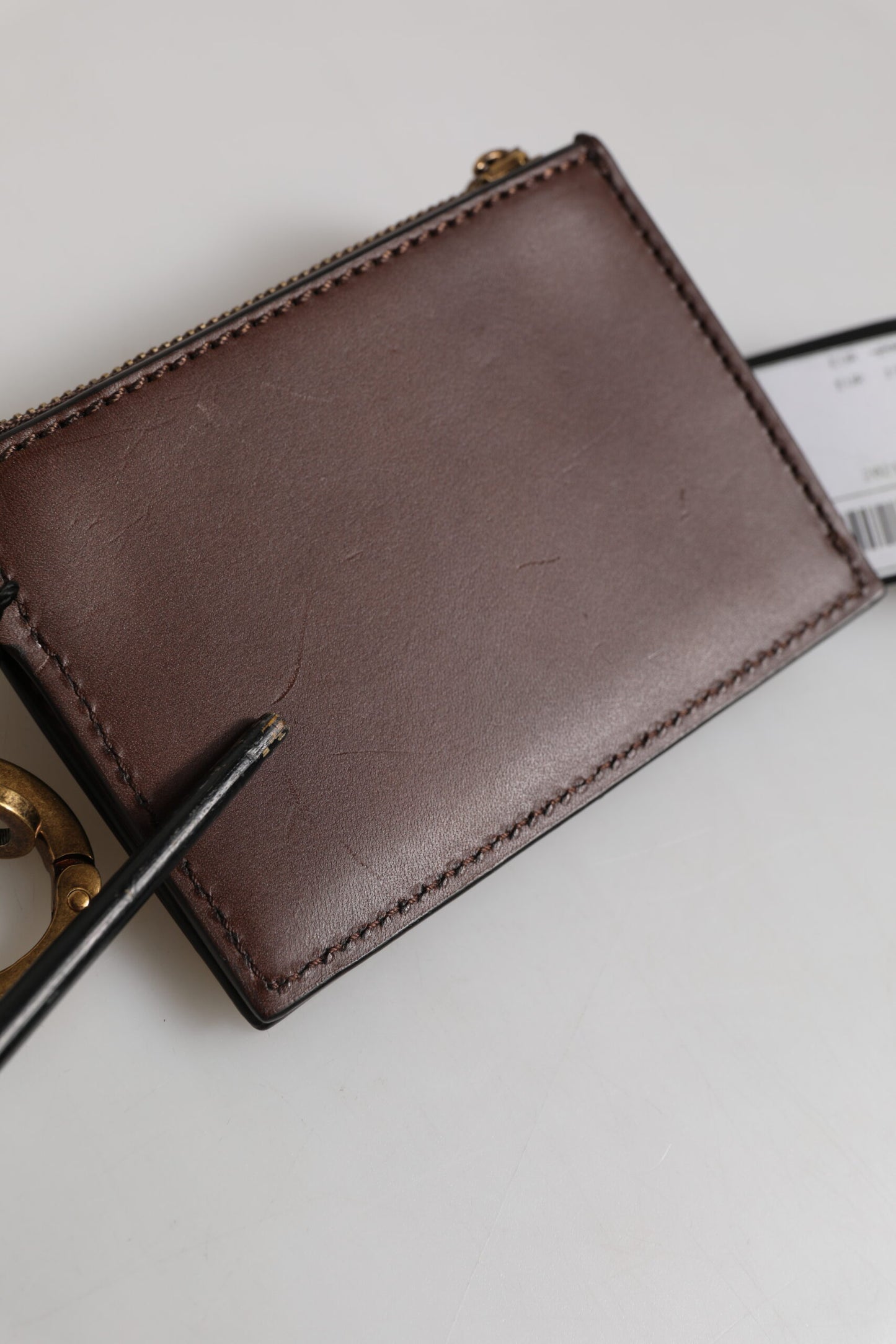 Dolce & Gabbana Braunes Kalbsleder mit Reißverschluss und Logo-Schlüsselanhänger, Münzgeldbörse für Herren