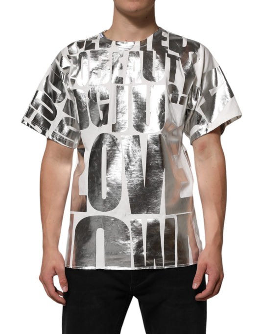 Dolce & Gabbana – Weißes Baumwoll-T-Shirt mit Rundhalsausschnitt und Metallic-Print