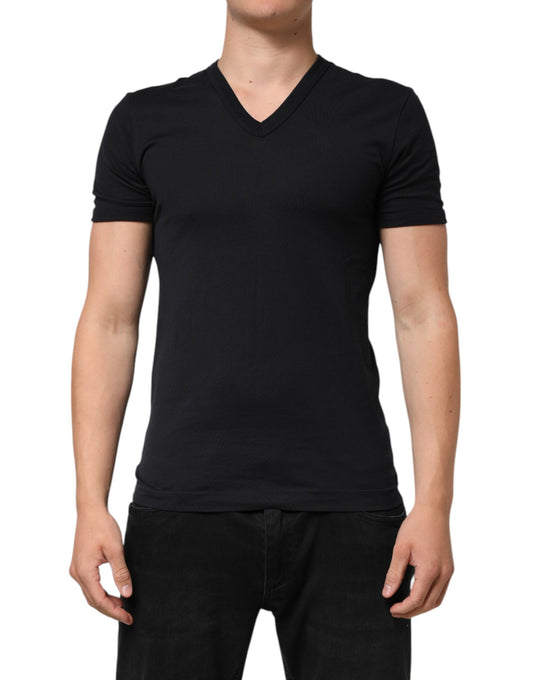 Dolce & Gabbana Herren-T-Shirt aus schwarzer Baumwolle mit V-Ausschnitt