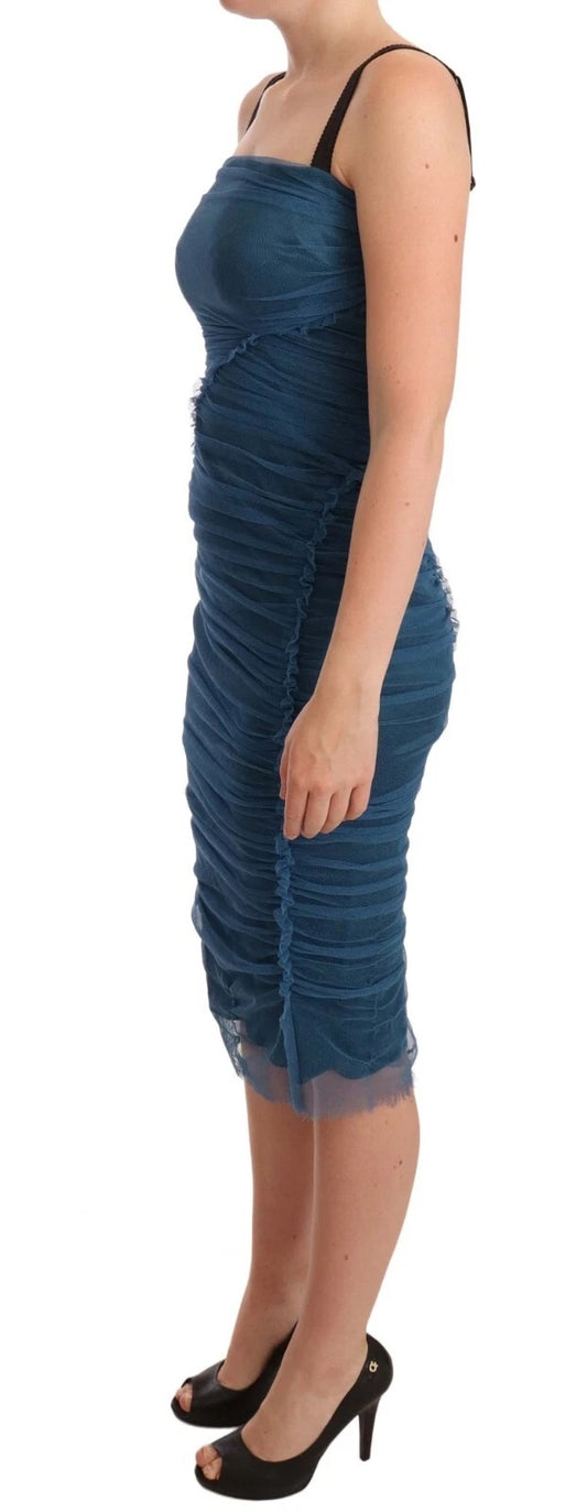 Dolce & Gabbana – Etuikleid aus gerüschtem Tüll mit blauem Netzbesatz