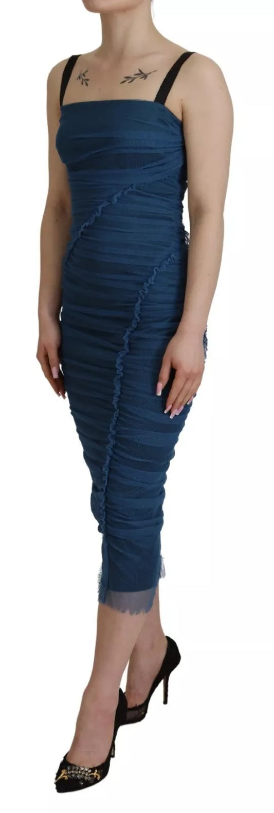 Dolce & Gabbana – Etuikleid aus gerüschtem Tüll mit blauem Netzbesatz