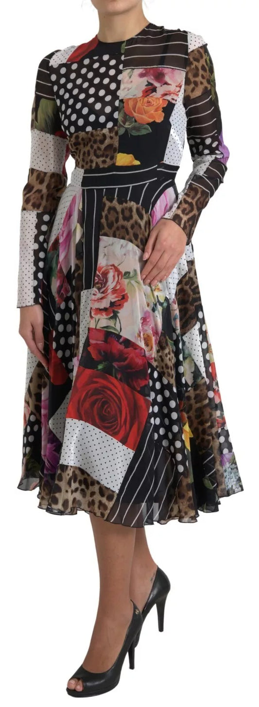 Dolce & Gabbana Mehrfarbiges Patchwork-Kleid mit Blumen- und Leopardenmuster