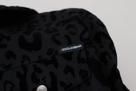 Dolce & Gabbana – Langärmlige Jeansjacke aus schwarzer Baumwolle mit Leopardenmuster