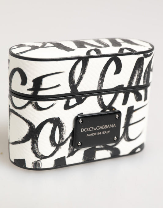 Dolce & Gabbana Airpods-Hülle aus schwarz-weißem Leder mit Monogramm-Print und Logo