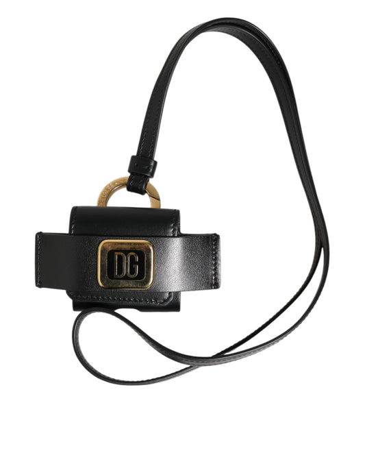 Dolce & Gabbana – Airpods-Hülle mit schwarzem Lederarmband und goldenem DG-Logo-Schild aus Metall