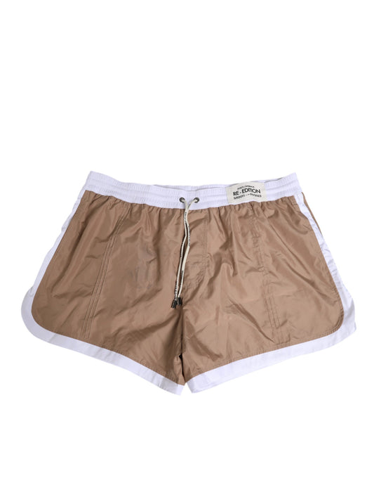 Dolce & Gabbana Braun-weiße Polyester-Re-Edition-Shorts-Bademode