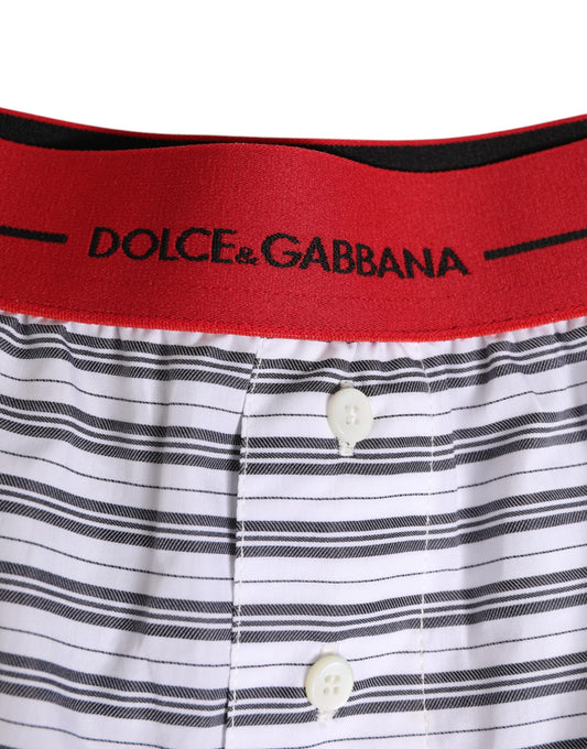 Dolce & Gabbana – Badeshorts aus weiß gestreifter Baumwolle mit rotem Bund