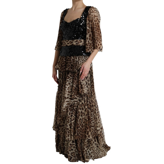 Dolce & Gabbana – Maxikleid aus Seide mit Pailletten und Rüschen im Leopardenmuster
