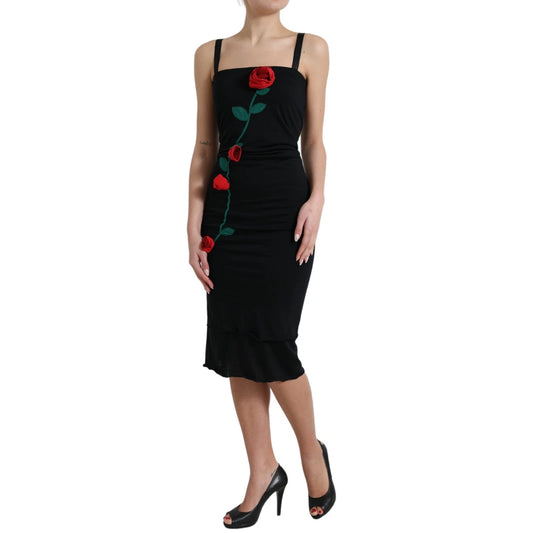 Dolce & Gabbana – Ärmelloses Kleid aus schwarzer Wolle mit Rosenapplikation