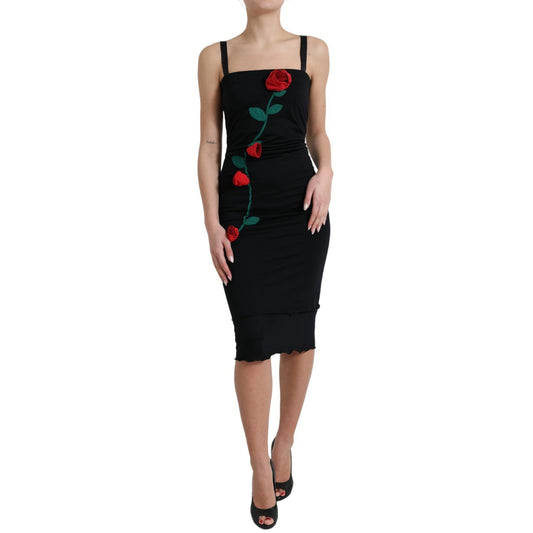 Dolce & Gabbana – Ärmelloses Kleid aus schwarzer Wolle mit Rosenapplikation