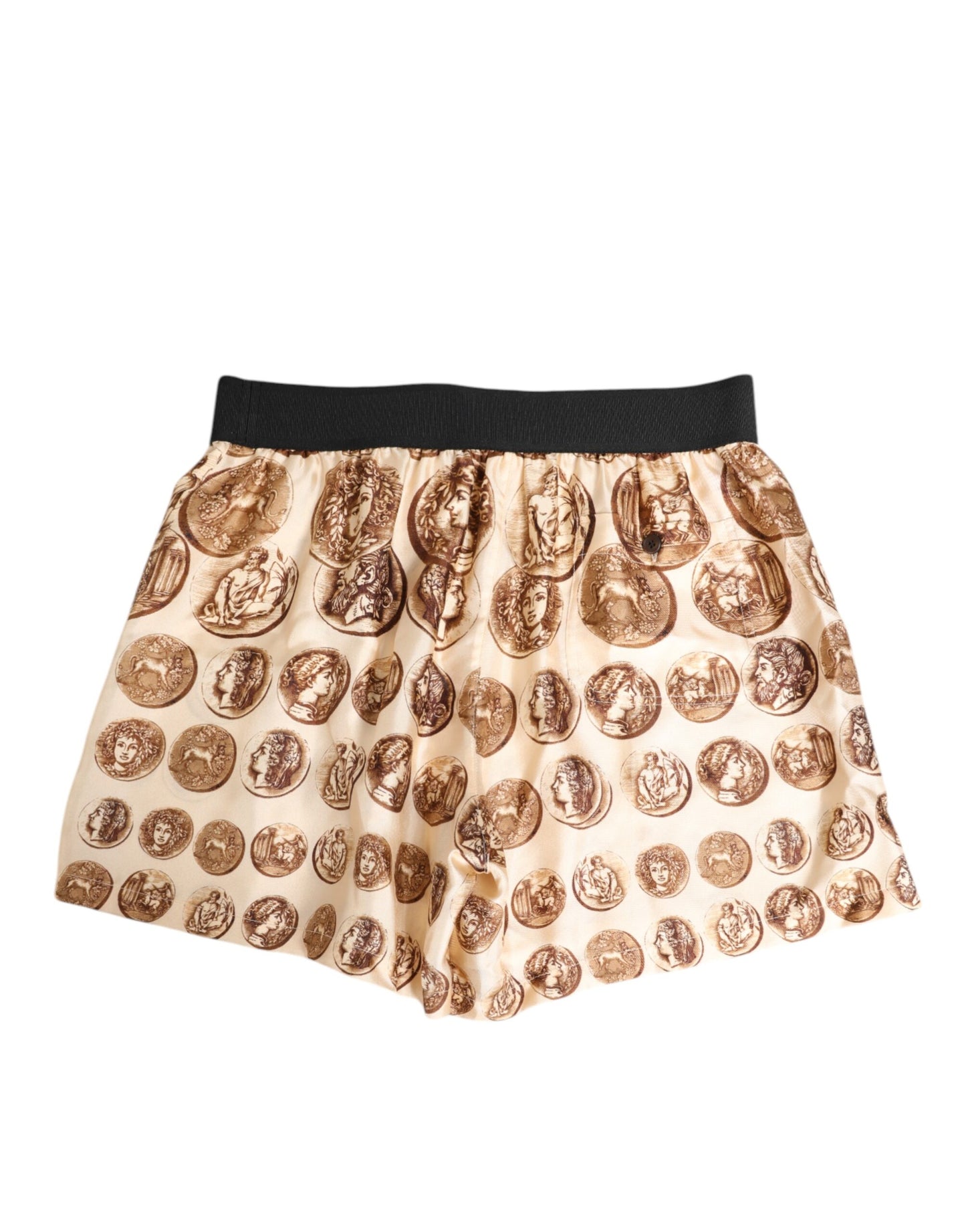 Dolce & Gabbana – Braune Badeshorts aus Seide mit antikem Münzdruck