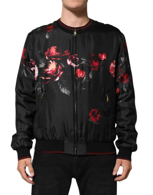 Dolce & Gabbana – Bomber-Blousonjacke aus Seide mit Blumenmuster in Schwarz und Rot