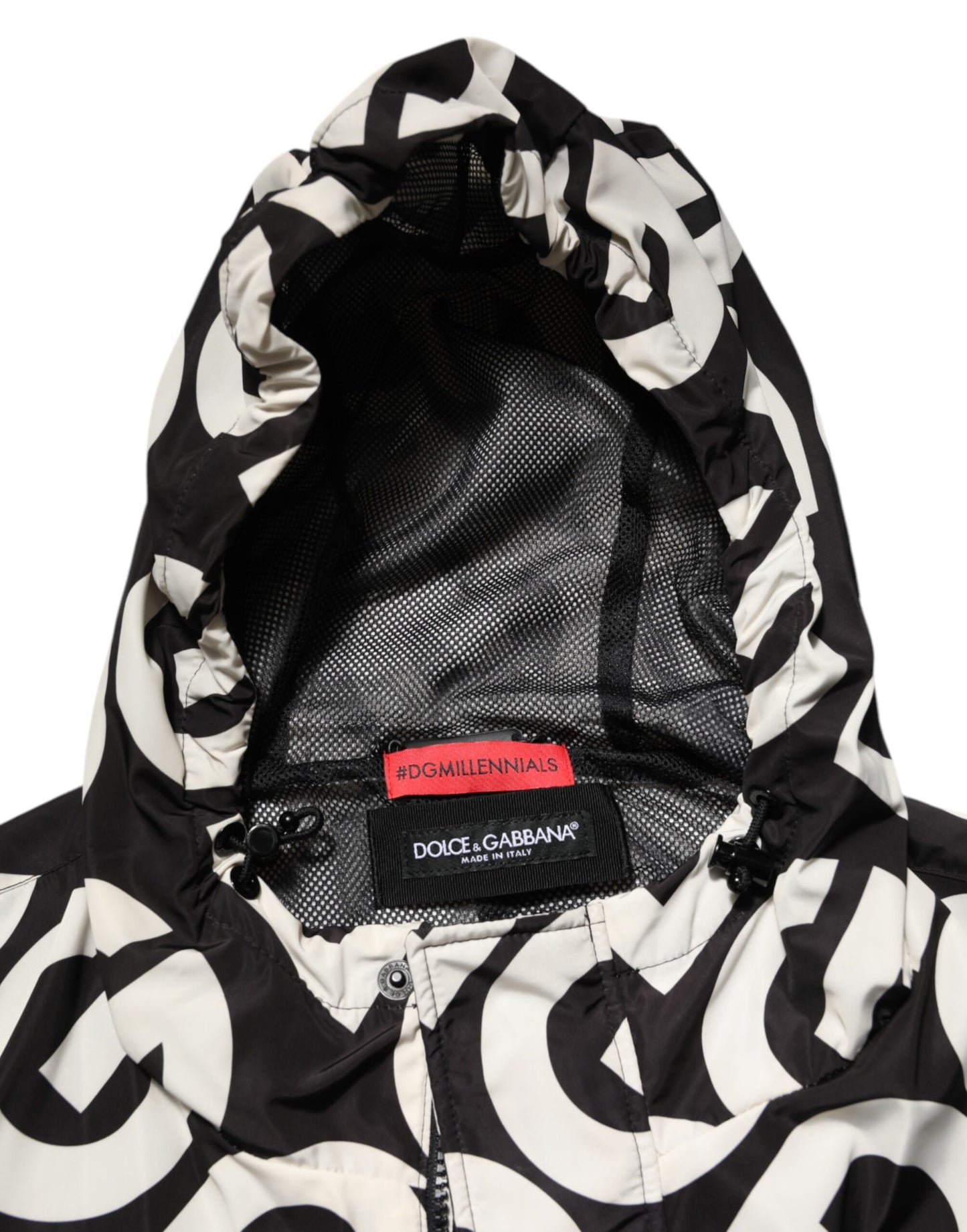 Dolce & Gabbana Schwarz-Weiß-Logo-Print Kapuzenmantel Herrenjacke