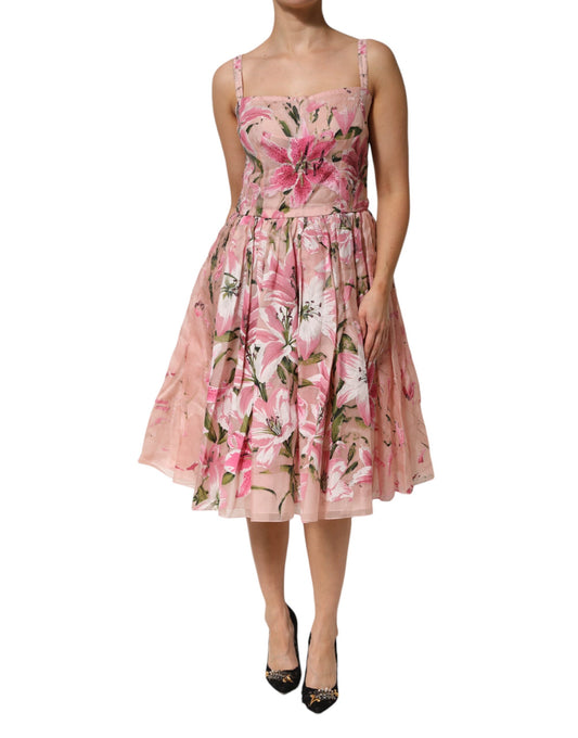 Dolce & Gabbana – Ärmelloses, plissiertes Kleid aus rosa Baumwolle mit Blumenmuster