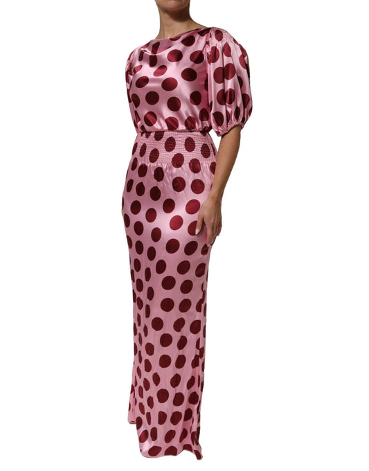 Dolce & Gabbana – Maxikleid aus Seidensatin mit rosa und roten Punkten