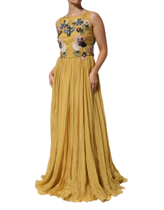 Dolce & Gabbana – Maxikleid aus gelber Seide mit Blumenstickerei