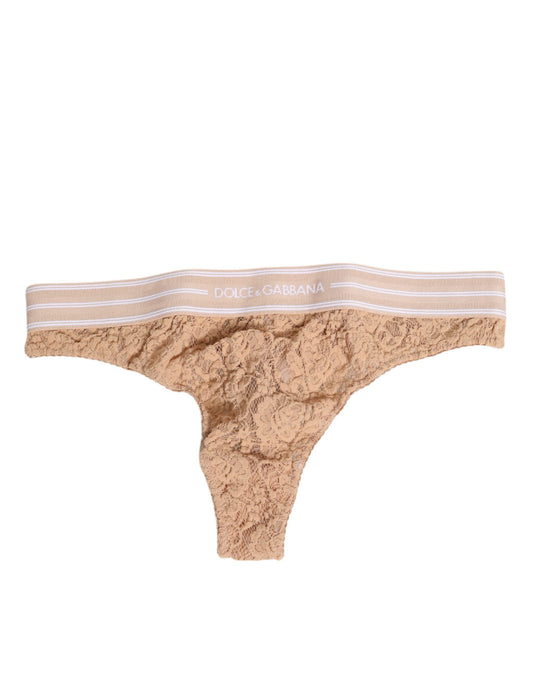 Dolce & Gabbana – Tanga-Unterwäsche mit Spitzenlogo und elastischer Taille in Beige