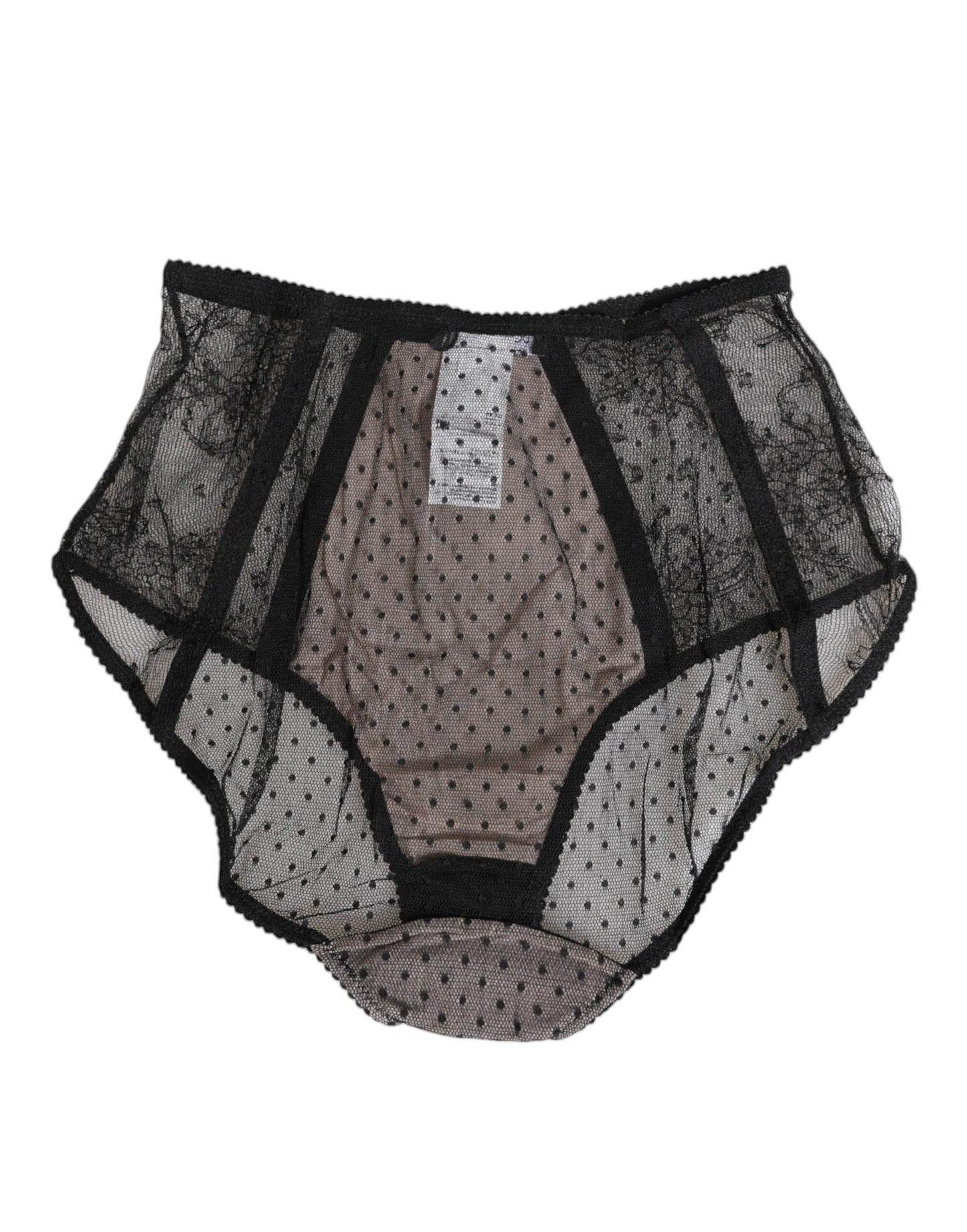 Dolce & Gabbana – Schwarze, transparente Spitzenunterwäsche mit Punkten und hoher Taille
