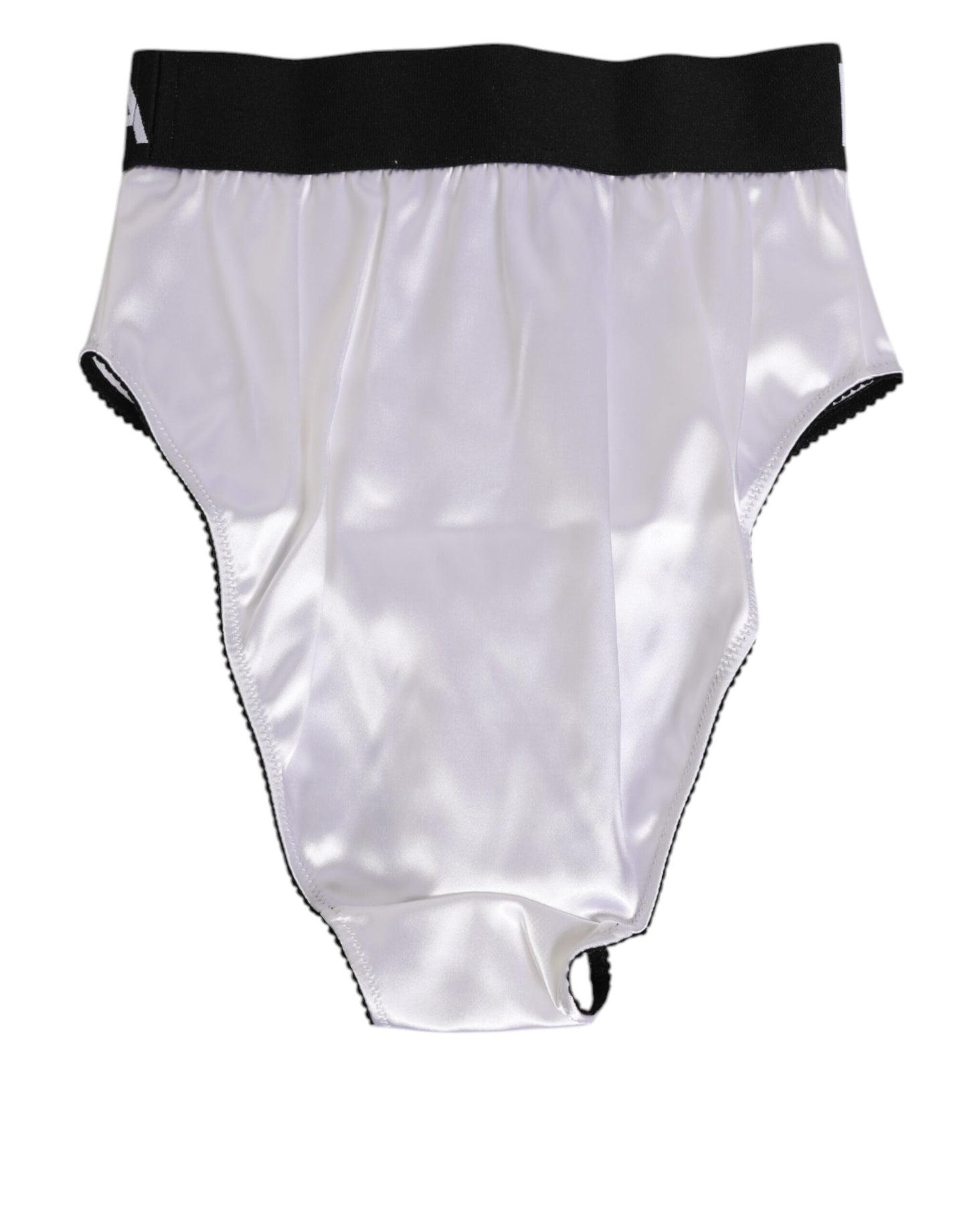 Dolce & Gabbana – Weiße Satin-Unterwäsche mit hoher Taille und schwarzem Logo für Damen