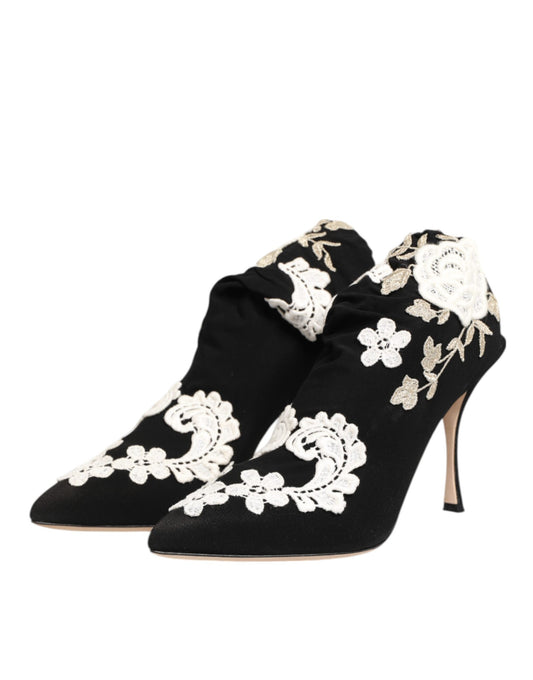 Dolce & Gabbana Schwarz Weiß bestickte Jersey Stiletto Stiefel Schuhe