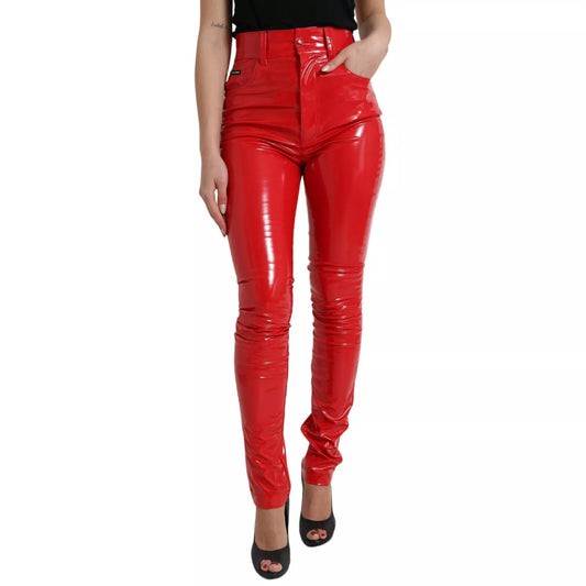 Dolce & Gabbana – Rote, hoch taillierte Skinny-Hose mit glänzender Hose