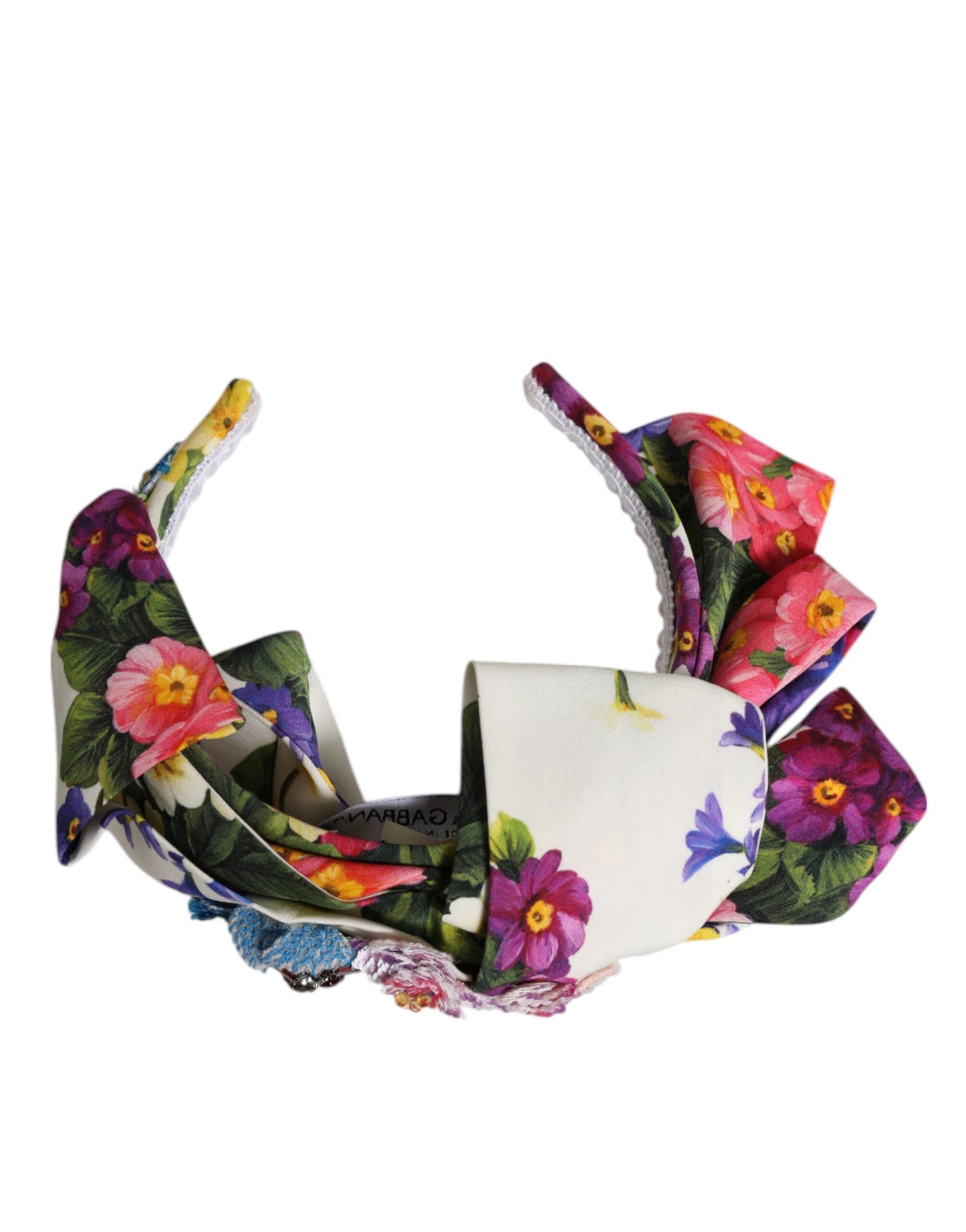 Dolce & Gabbana – Weißes, mehrfarbiges Haarband aus Seide mit Blumenschleife und Kristallverzierung