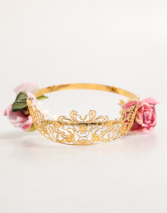 Dolce & Gabbana – Goldfarbenes Blumen-Diadem mit rosa Rosen und Kristallkrone