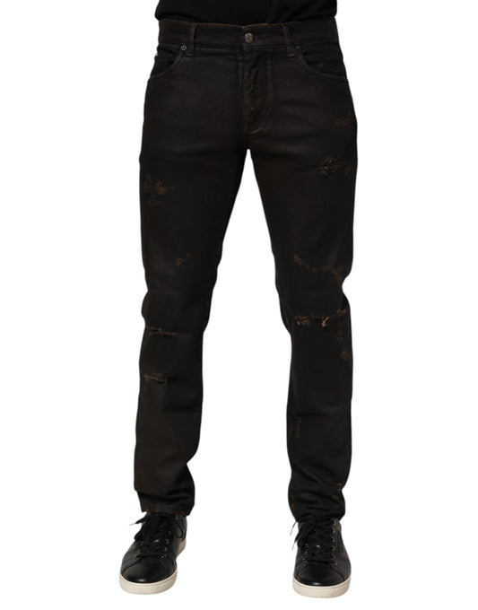 Dolce & Gabbana Dunkelbraune Skinny-Jeans aus zerfetzter Baumwolle