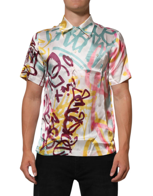 Dolce & Gabbana Weißes Seidenhemd mit Hawaii-Graffiti-Print für Herren