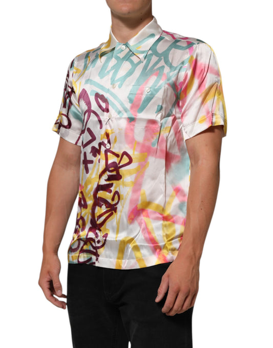 Dolce & Gabbana Weißes Seidenhemd mit Hawaii-Graffiti-Print für Herren